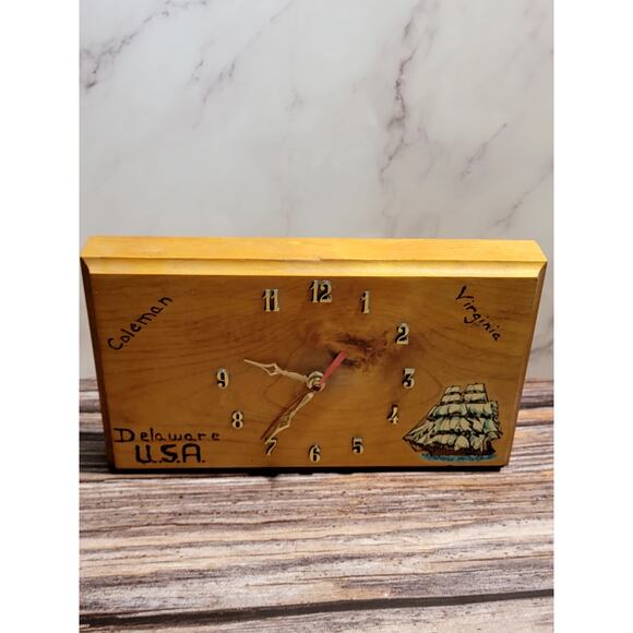 Rustic Vintage Delaware Wooden Clock with Nautical Ship Design Non-Working